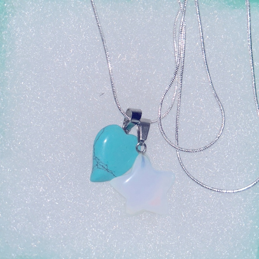 Hippie Boho Turquoise Heart ❤️ and Opal Star Sterling Silver 24” Neckl…